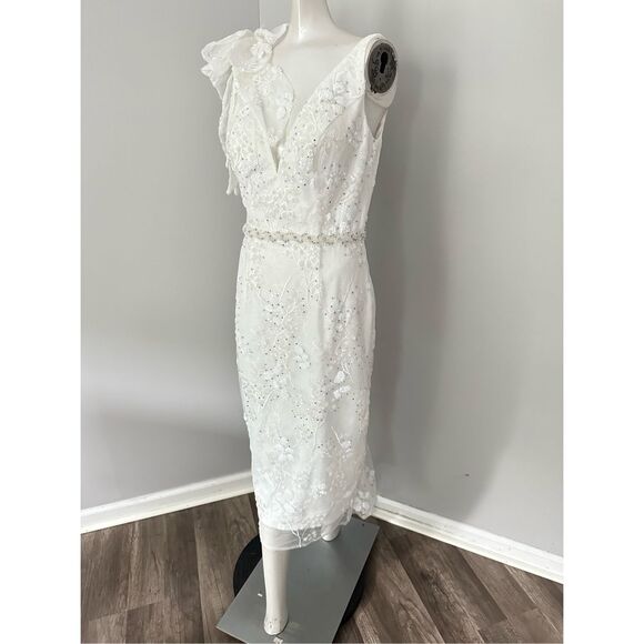 MAC DUGGAL FLORAL EMBELLISHED V-NECK MIDI DRESS WITH SHOULDER BOW - Picture 5 of 12